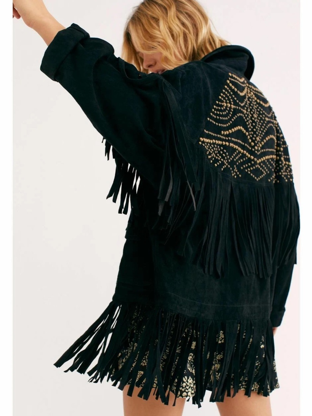 Free People The Lucky Ones Real Suede Leather Fringe Studded Jacket